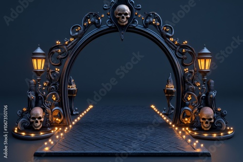 3D model of a dark entryway with Western Gothic elements like wrought iron lanterns, skull decor, and leather accents photo