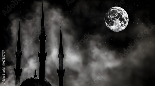 Nighttime Reverie : Islamic mosque. The mosque emerges from the darkness, its minarets reaching for the stars. The moon hangs low, casting a gentle glow. 