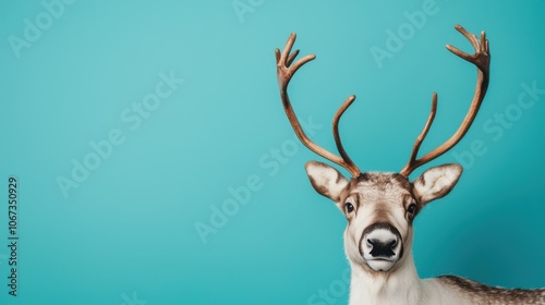 Reindeer with large antlers on a vibrant turquoise background.