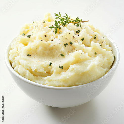 A bowl of creamy mashed potatoes, isolated on a white background, emphasizing a classic comfort food