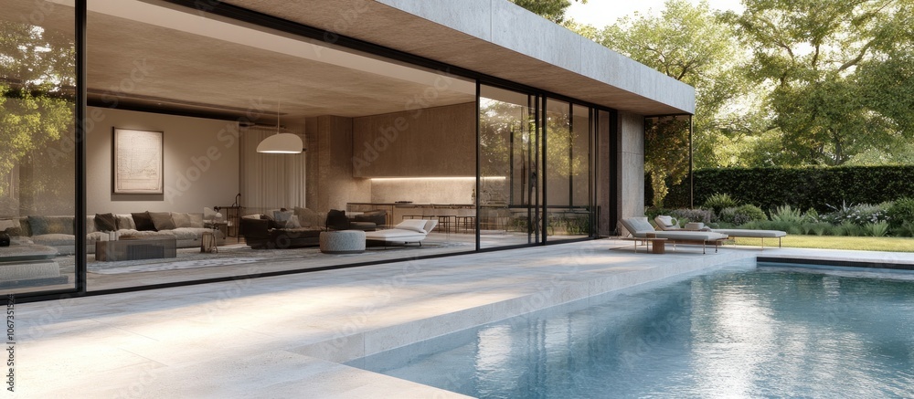 Modern home with large windows, pool, and outdoor space, blending indoor and outdoor living. Modern home with large windows, pool, and outdoor space, blending indoor and outdoor living.