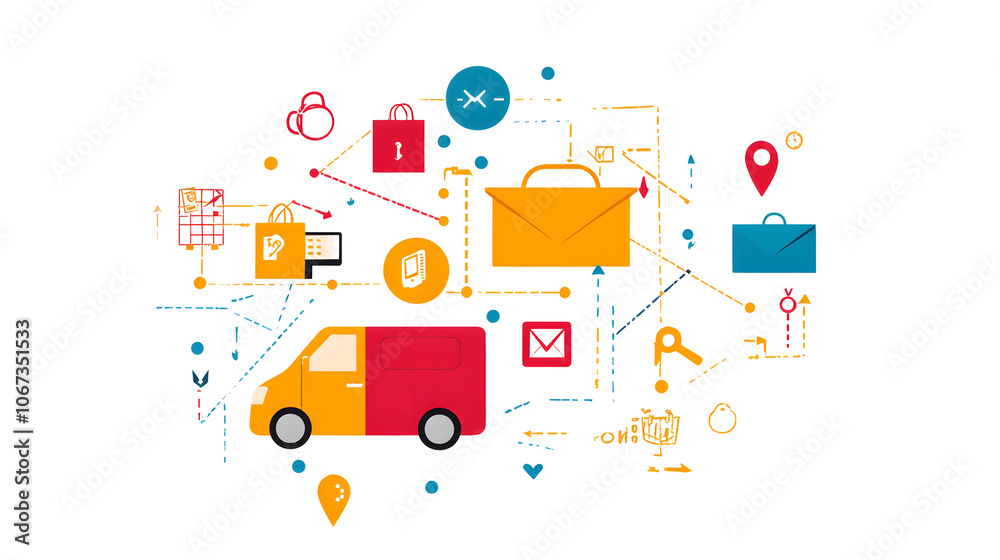 Illustration of distribution strategy with delivery van and icons