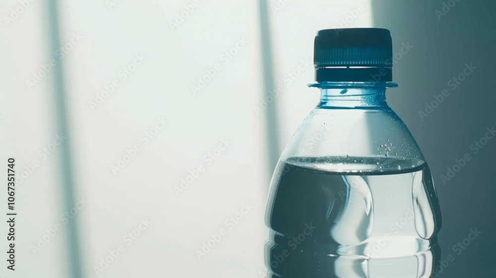 Clean modern water bottle with safety cap and half-filled with clear water on white background, symbolizing hydration and drinking safety, ample copy space for text overlay. Clean modern water bottle with safety cap and half-filled with clear water on white background, symbolizing hydration and drinking safety, ample copy space for text overlay.