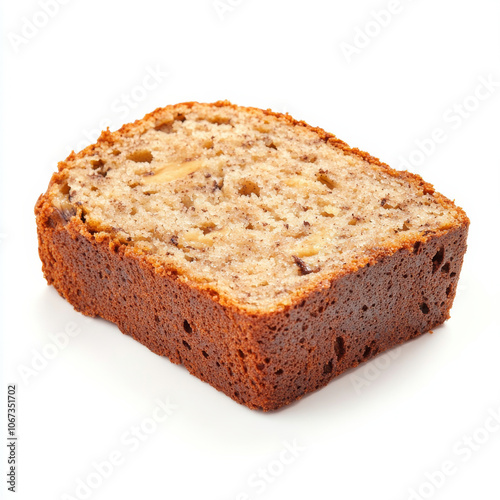 A warm slice of homemade banana bread, isolated on a white background, highlighting a comforting baked treat
