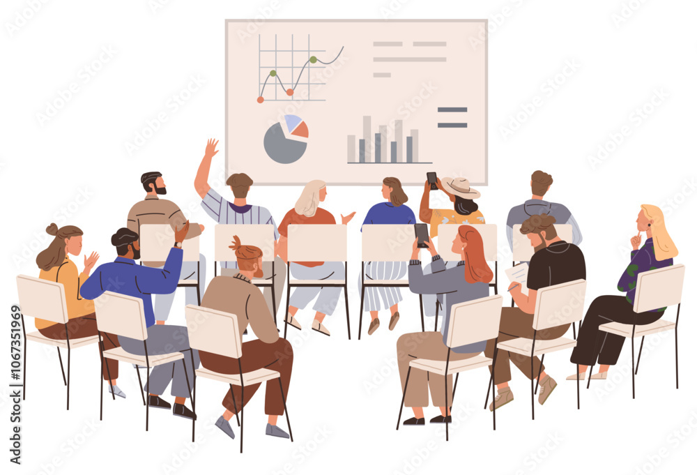 A diverse group of people in a meeting room sitting on chairs engaging in a presentation. Charts and graphs are displayed on a large screen. Ideal for business, education, teamwork, training A diverse group of people in a meeting room sitting on chairs engaging in a presentation. Charts and graphs are displayed on a large screen. Ideal for business, education, teamwork, training