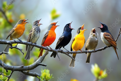Colorful Birds on Branch
