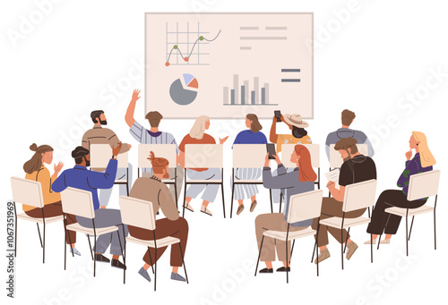 A diverse group of people in a meeting room sitting on chairs engaging in a presentation. Charts and graphs are displayed on a large screen. Ideal for business, education, teamwork, training