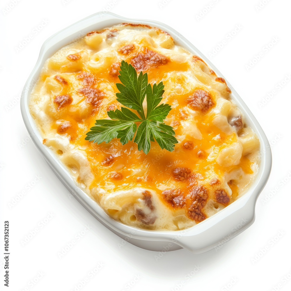 A serving of macaroni and cheese with melted cheddar, isolated on a white background, highlighting a comforting dish
