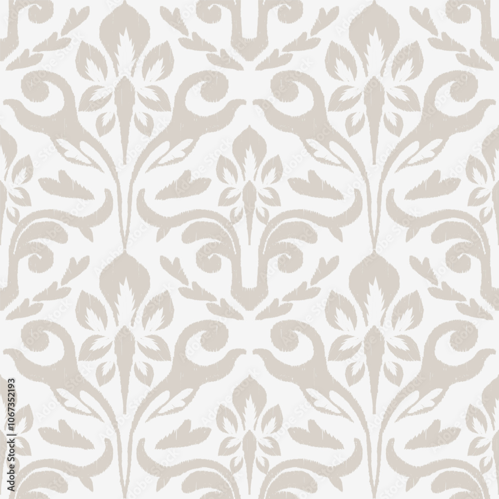 Grey Ikat floral damask pattern. Vector monochrome gray ikat abstract floral shape seamless pattern. Beige ikat floral damask pattern use for fabric, textile, home decoration elements, upholstery.