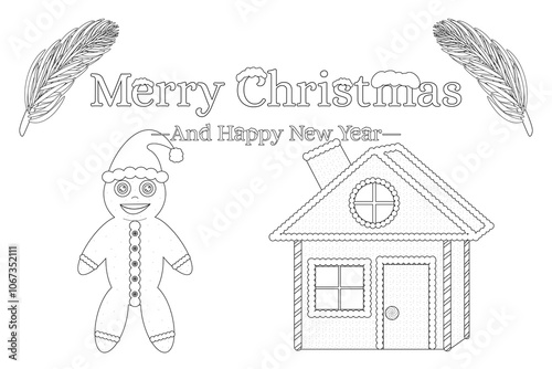 Fun Christmas coloring page featuring a gingerbread man, house, and festive greeting. Perfect for holiday coloring activities for kids and adults.