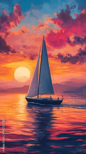 Sailboat Serenity, a tranquil scene of a sailboat on a calm lake at sunset, vibrant colors reflecting on the water's surface