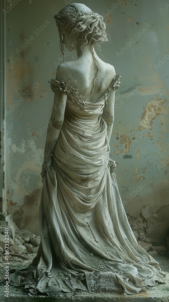 Naklejka premium A Delicate Stone Sculpture of a Woman in a Flowing Dress, Capturing the Essence of Artistic Expression