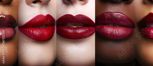 A striking close-up of women's lips adorned with bold, colorful lipstick, exuding confidence and beauty. photo