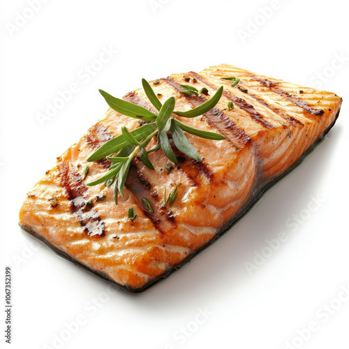 A piece of grilled salmon filet with herbs, isolated on a white background, emphasizing a healthy and flavorful meal photo