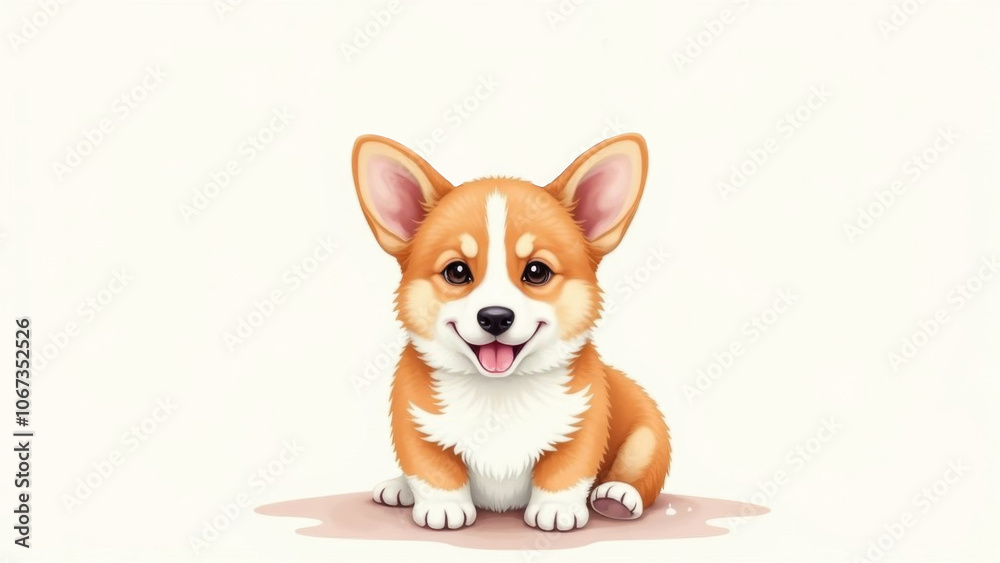 A cheerful cute corgi puppy on a light background. Banner, postcard. A cheerful cute corgi puppy on a light background. Banner, postcard.