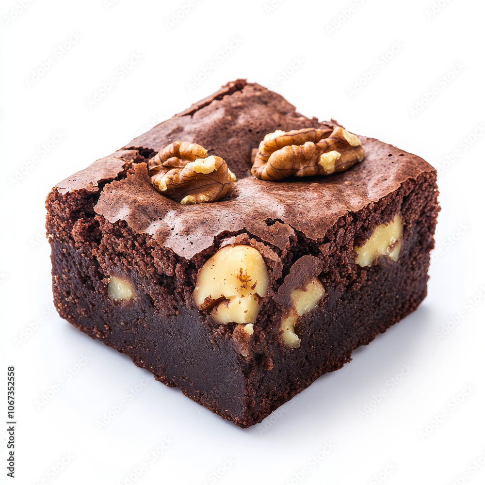 A classic chocolate brownie with walnuts, isolated on a white background, emphasizing its rich texture and decadent flavor A classic chocolate brownie with walnuts, isolated on a white background, emphasizing its rich texture and decadent flavor