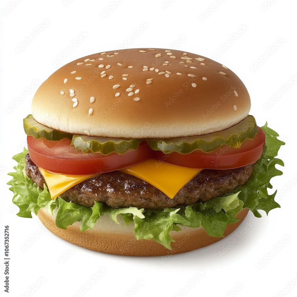 A classic hamburger with lettuce, tomato, and cheese, isolated on a white background, highlighting a popular fast food A classic hamburger with lettuce, tomato, and cheese, isolated on a white background, highlighting a popular fast food