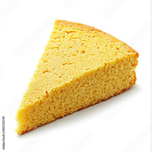 A slice of golden cornbread, isolated on a white background, highlighting its soft texture and slightly sweet flavor