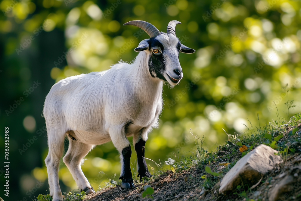 Selective focus goat in ranch farming, Portrait of goat with hilarious face stand on grass field, Livestock farming in the meadow land. Selective focus goat in ranch farming, Portrait of goat with hilarious face stand on grass field, Livestock farming in the meadow land.
