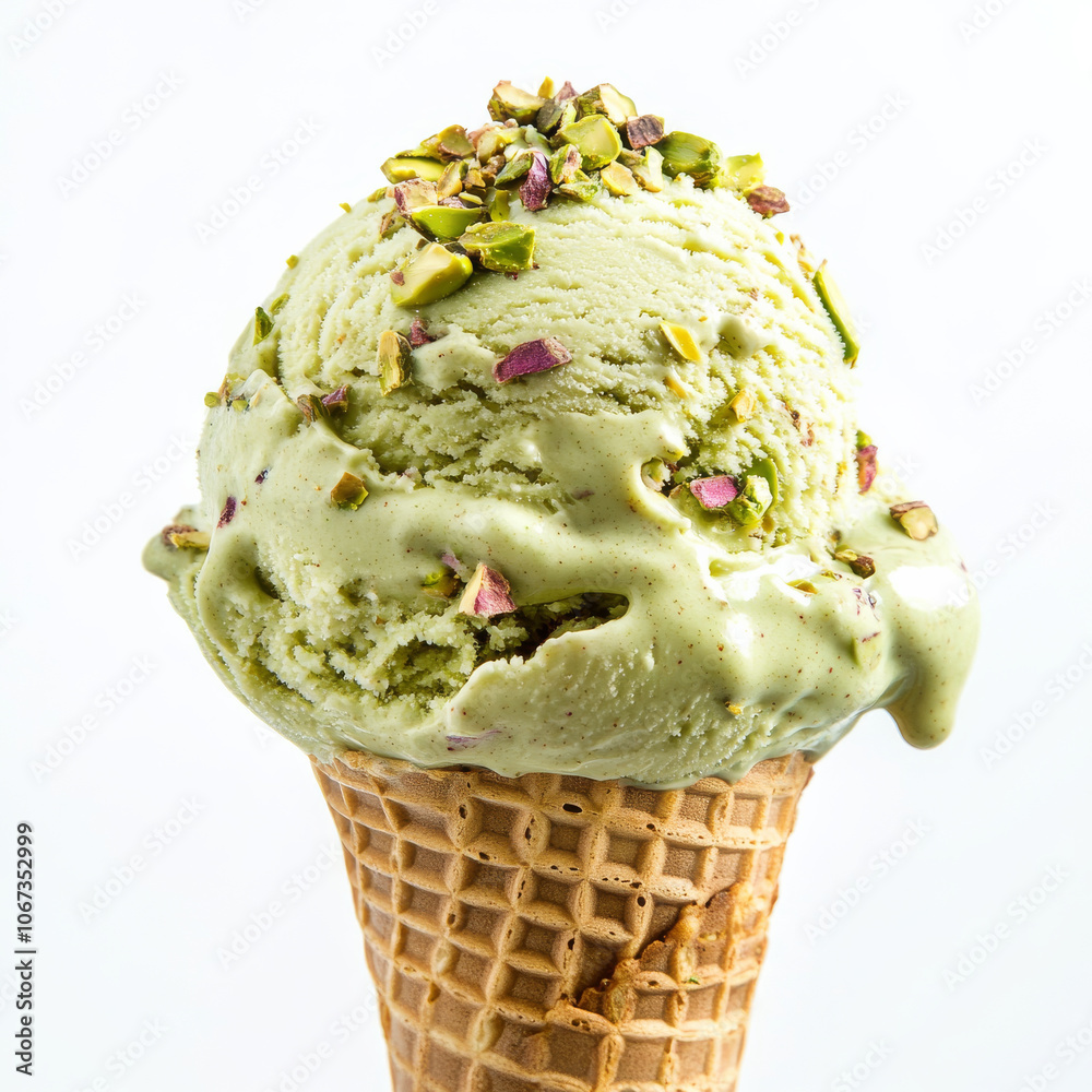 A scoop of pistachio ice cream in a cone, isolated on a white background, showcasing a unique flavor