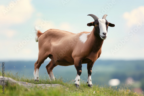 Selective focus goat in ranch farming, Portrait of goat with hilarious face stand on grass field, Livestock farming in the meadow land.