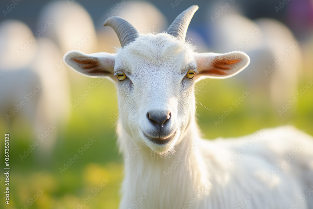 Fototapeta premium Selective focus goat in ranch farming, Portrait of goat with hilarious face stand on grass field, Livestock farming in the meadow land.