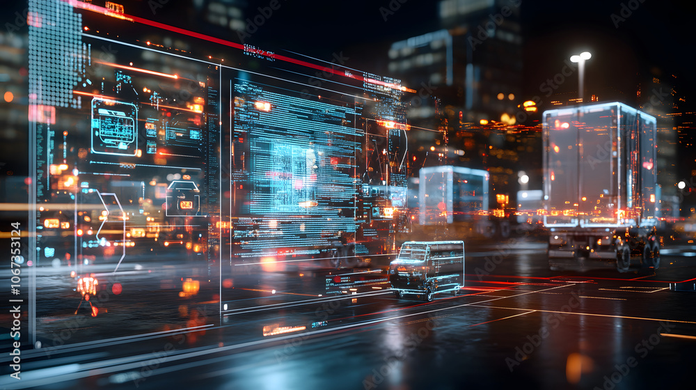 3D logistics dashboard with trucks and digital data visualization at night 3D logistics dashboard with trucks and digital data visualization at night