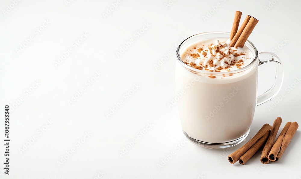 Delicious creamy drink topped with whipped cream and cinnamon sticks, served in a clear glass, perfect for cozy winter days, isolated on white background. Delicious creamy drink topped with whipped cream and cinnamon sticks, served in a clear glass, perfect for cozy winter days, isolated on white background.