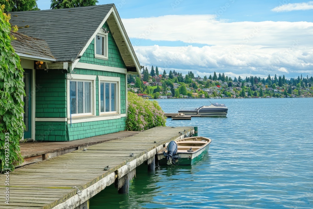 Home with Green Walls and White Trim on Lake Washington, Wooden Dock with Small Boats, Sunny Day in Coastal Washington Home with Green Walls and White Trim on Lake Washington, Wooden Dock with Small Boats, Sunny Day in Coastal Washington