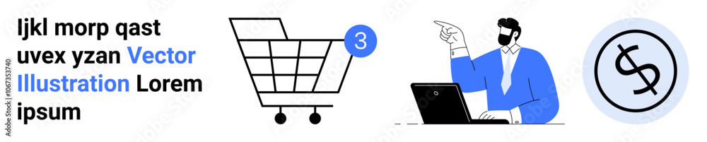 Man with laptop pointing, shopping cart with 3 notification, dollar sign icon. Ideal for e-commerce, online shopping, business, finance, web design, marketing, landing page Man with laptop pointing, shopping cart with 3 notification, dollar sign icon. Ideal for e-commerce, online shopping, business, finance, web design, marketing, landing page