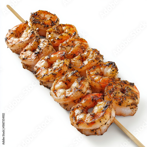 A skewer of grilled shrimp with spices, isolated on a white background, showcasing a flavorful seafood option photo