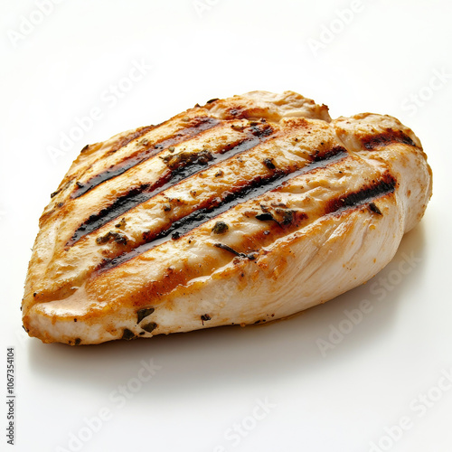 A grilled chicken breast, isolated on a white background, showcasing a lean protein option with a charred texture