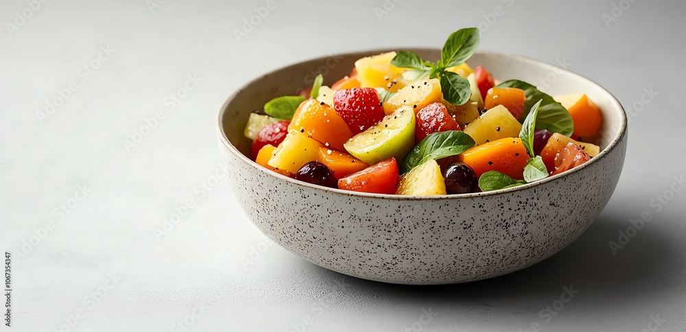 A vibrant fruit salad in a rustic bowl, featuring a mix of colorful seasonal fruits, garnished with fresh mint leaves on a light background. A vibrant fruit salad in a rustic bowl, featuring a mix of colorful seasonal fruits, garnished with fresh mint leaves on a light background.