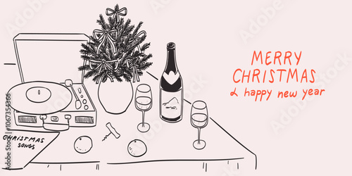 Hand drawn christmas party for two with vinyl player and classic new year songs and wine or champagne. Creative banner, greeting or christmas invitation in charcoal, ink or sketch line doodle style.