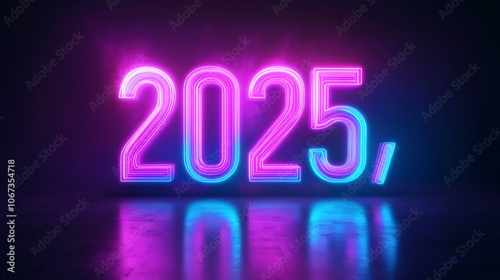 A neon sign displaying the year 2025 in purple and blue hues, casting a reflection on a dark surface A neon sign displaying the year 2025 in purple and blue hues, casting a reflection on a dark surface