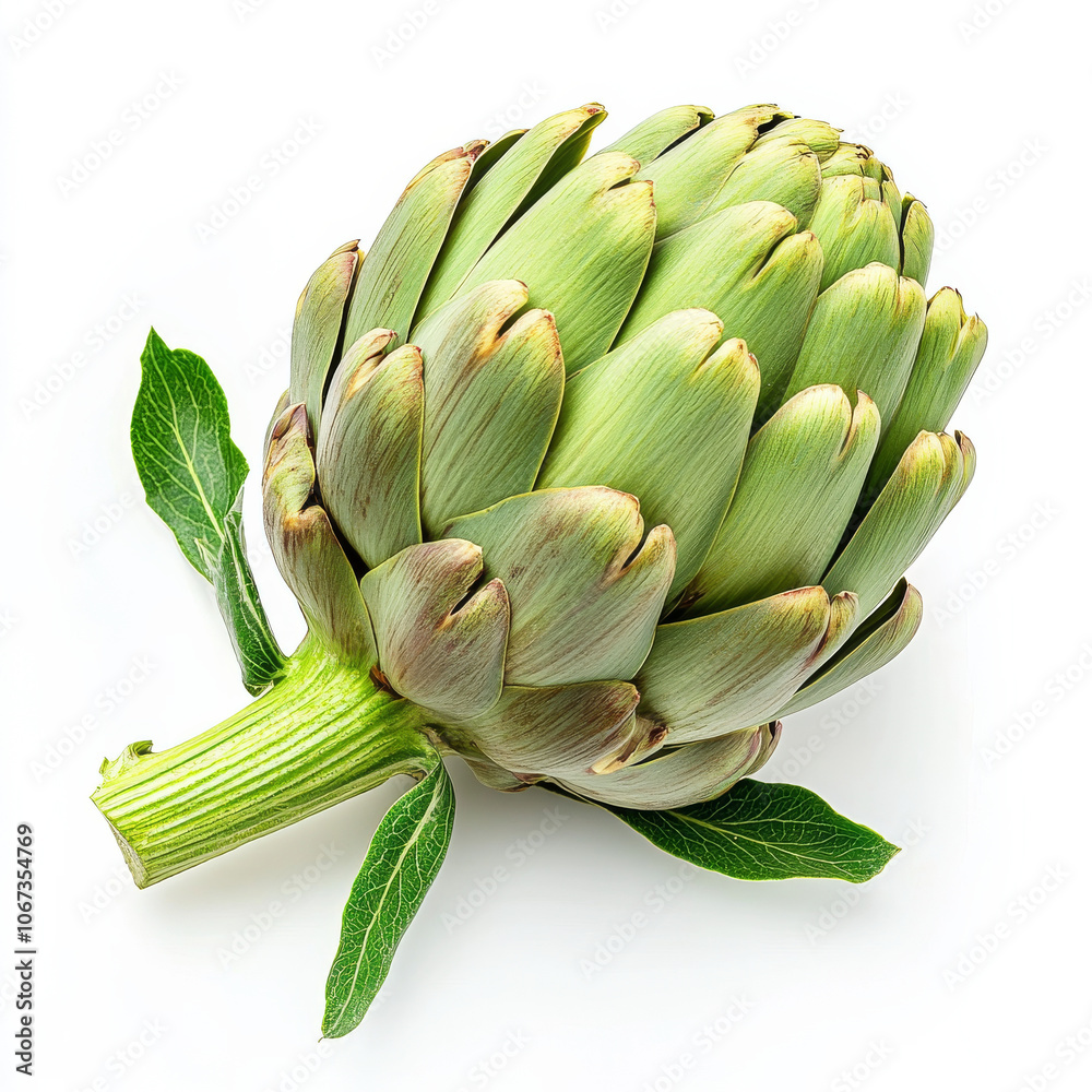Fototapeta premium A whole artichoke with green leaves, isolated on a white background, showcasing its unique shape and texture