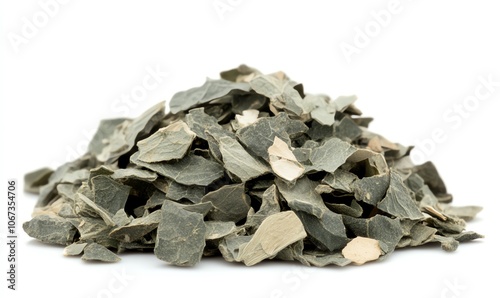Wallpaper Mural A pile of natural green mineral flakes isolated on a white background, showcasing texture and organic forms for use in various designs and projects. Torontodigital.ca