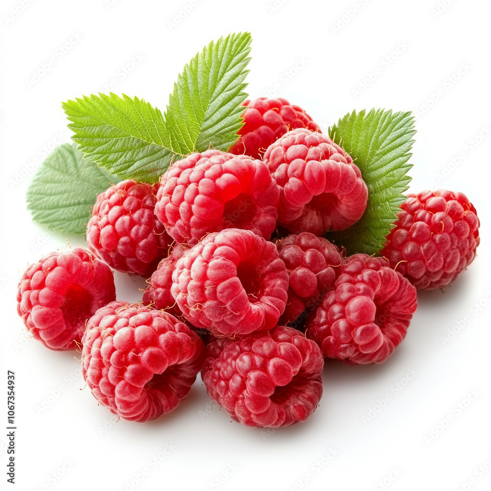 A handful of fresh raspberries with leaves, isolated on a white background, showcasing vibrant red color and juicy texture A handful of fresh raspberries with leaves, isolated on a white background, showcasing vibrant red color and juicy texture