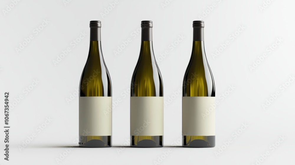 Three wine bottles with white labels and clear glass Three wine bottles with white labels and clear glass