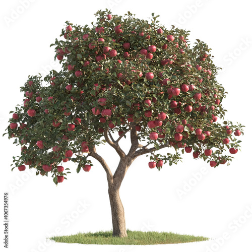 A mature apple tree laden with ripe red apples, set against a white background. The tree's lush green leaves and the abundance of fruit create a vibrant and fruitful scene.