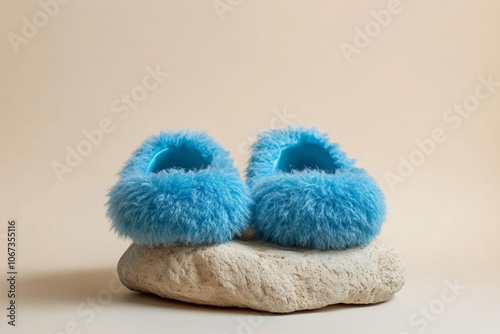 fluffy blue slippers on a beige rock with a minimalist beige background 