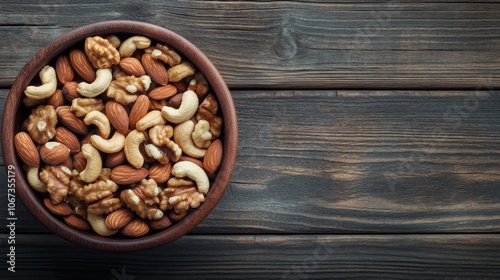 Bowl of Mixed Nuts on Wooden Background.