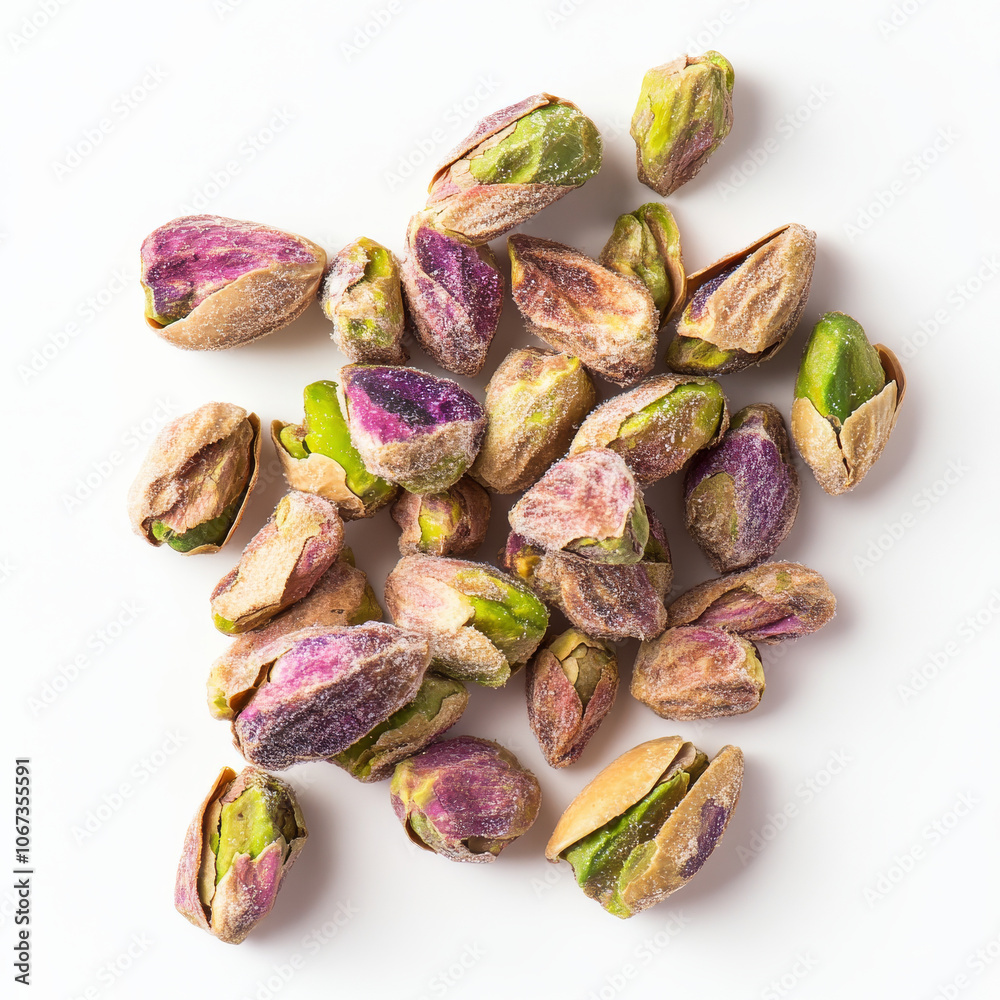 A handful of salted pistachios with shells, isolated on a white background, highlighting a popular nut snack A handful of salted pistachios with shells, isolated on a white background, highlighting a popular nut snack