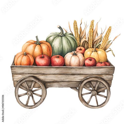Wagon with Pumpkins, Apples, and Corn