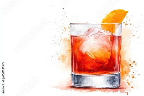 A vibrant watercolor illustration of a cocktail glass filled with a reddish drink, ice cubes, and a slice of orange.