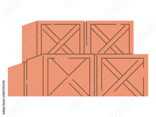 Several wooden crates are stacked together in an orderly manner. Ideal for logistics, warehousing, transportation, industrial storage, and supply chain management. Flat design style