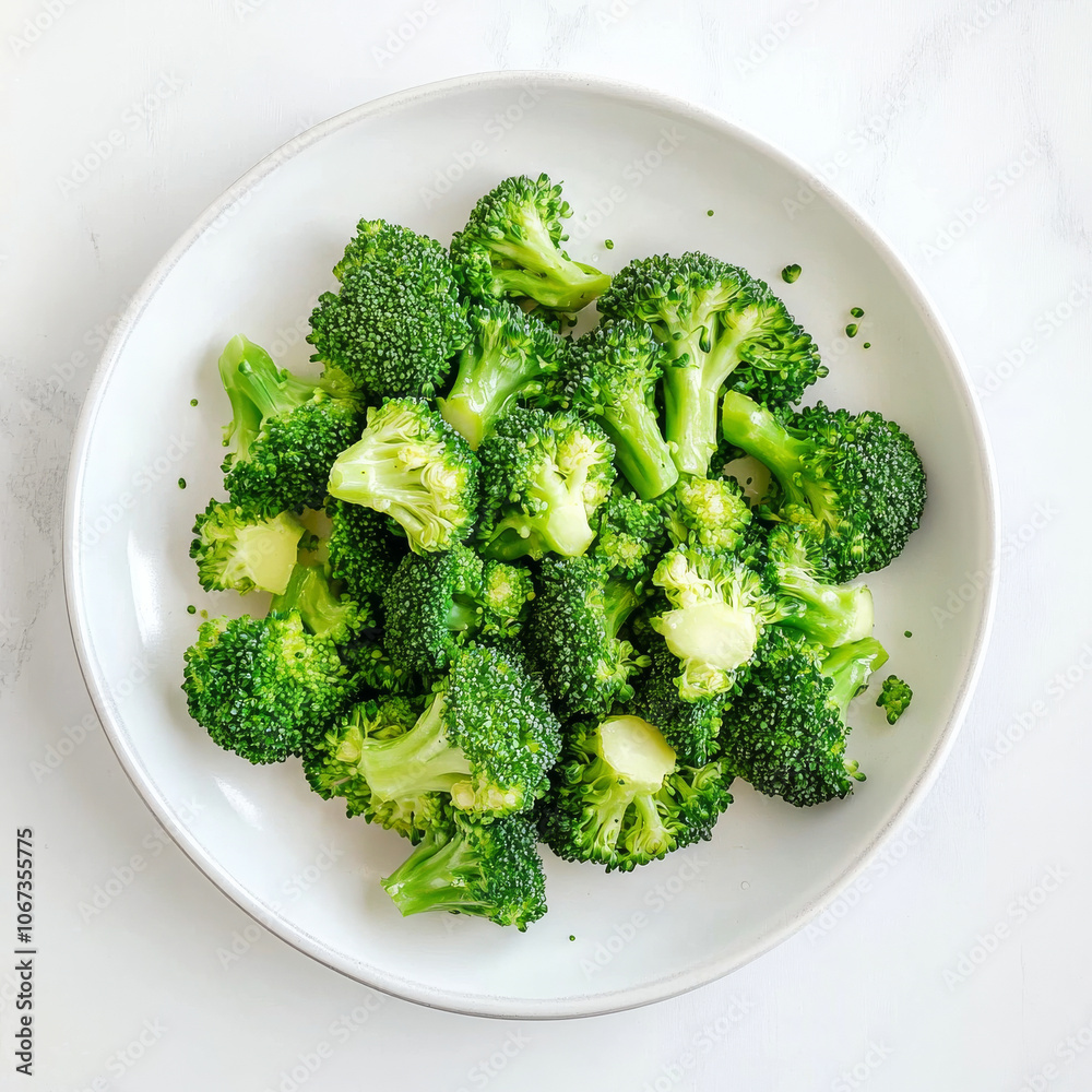 A serving of steamed broccoli florets, isolated on a white background, showcasing their vibrant green color and health appeal A serving of steamed broccoli florets, isolated on a white background, showcasing their vibrant green color and health appeal