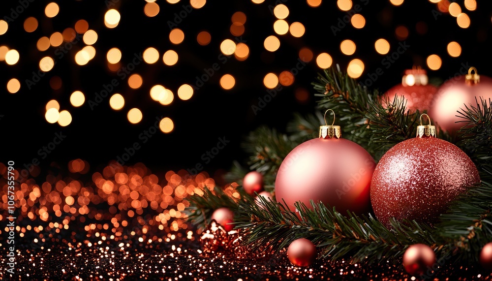 A festive arrangement of shimmering ornaments and lush greenery, with a bokeh background, evoking the warmth of Christmas celebrations.
