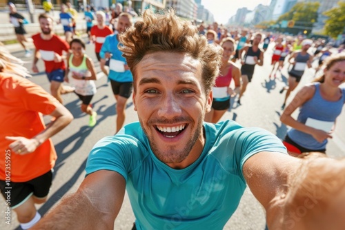 Joyful participation in city marathon captured in energetic selfie