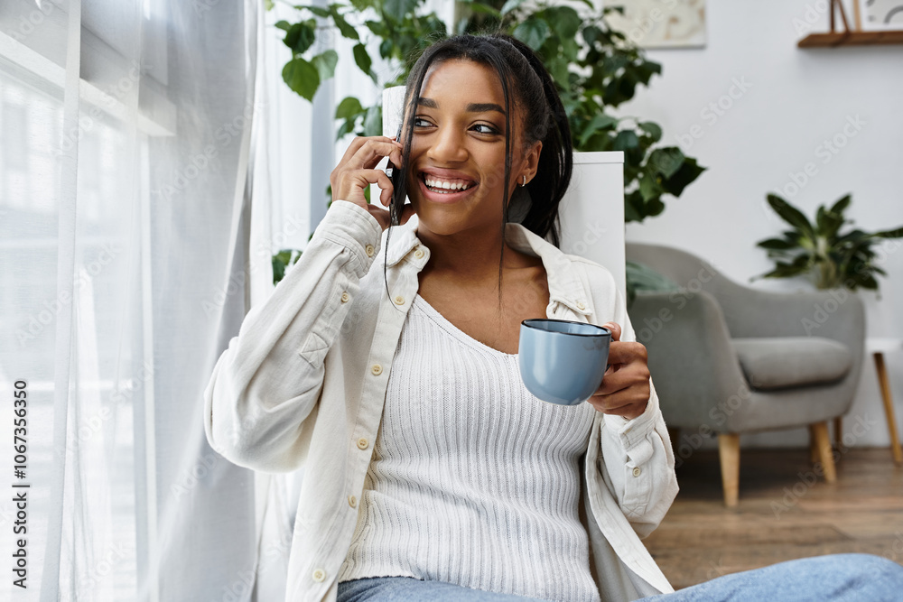 A cheerful young woman studies remotely from her home, sipping coffee and chatting happily. A cheerful young woman studies remotely from her home, sipping coffee and chatting happily.